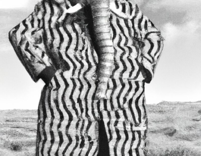 DALL·E 2023-11-01 13.30.27 - Crazy, funny costume for an old man, Coat that mimics an elephant, graphic style looking like Max Ernst's black and white early collage