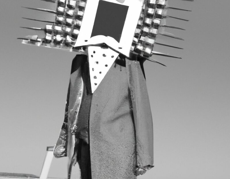 DALL·E 2023-11-01 13.31.37 - Crazy, funny costume for an old man, Coat that mimics a machine, graphic style looking like Max Ernst's black and white early collage