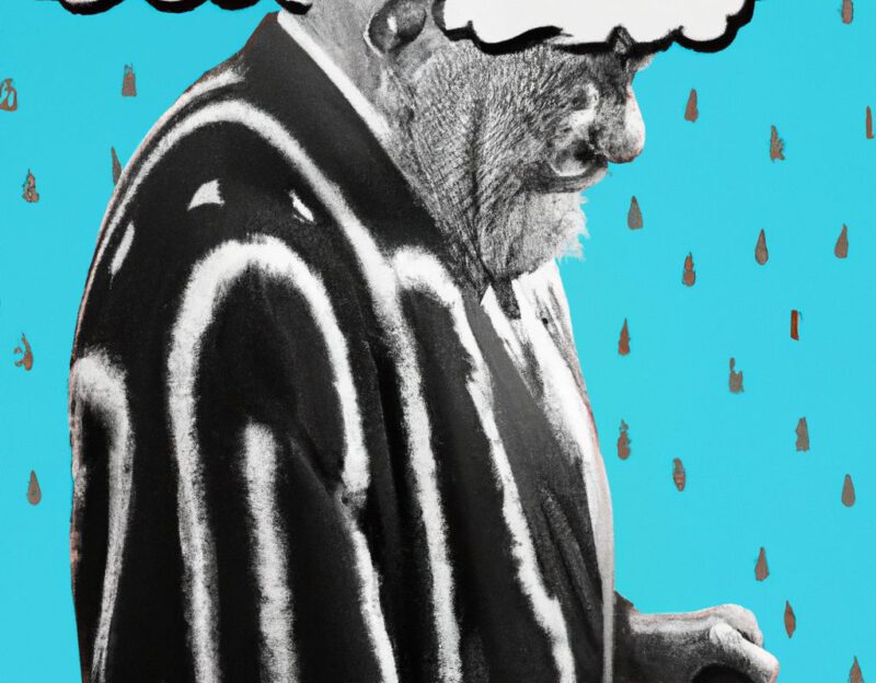 DALL·E 2023-11-01 13.32.47 - Crazy, funny costume for an old man, Coat that mimics a cloud with rain, graphic style looking like Max Ernst's black and white early collage