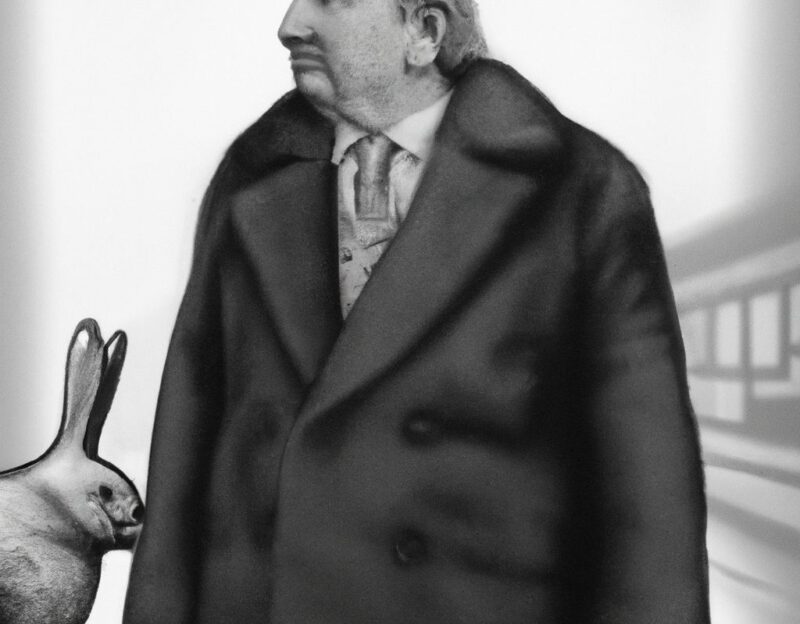 DALL·E 2023-11-01 16.49.54 - An old man wearing a coat that looks like a large rabbit, graphic style looking like Max Ernst's black and white early collage