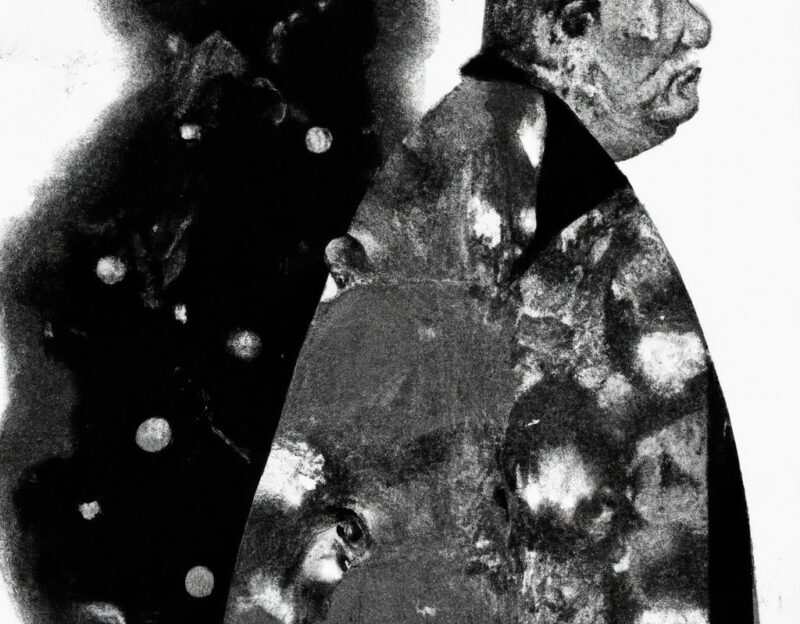 DALL·E 2023-11-01 16.50.17 - An old man wearing a coat that looks like a large boulder, graphic style looking like Max Ernst's black and white early collage