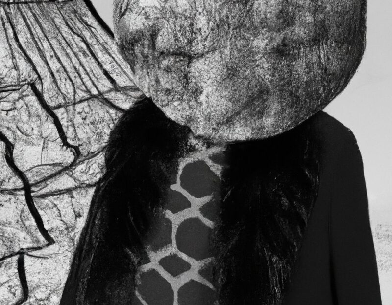 DALL·E 2023-11-01 16.50.28 - An old man wearing a coat that looks like a large boulder, graphic style looking like Max Ernst's black and white early collage