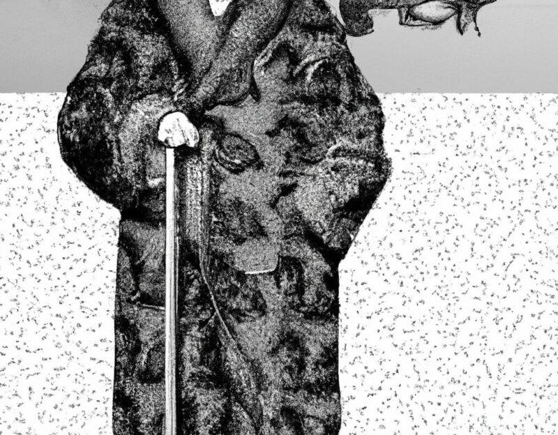 DALL·E 2023-11-01 16.50.50 - An old man wearing a coat that looks like a large cat, graphic style looking like Max Ernst's black and white early collage