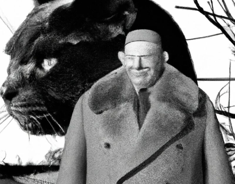 DALL·E 2023-11-01 16.51.09 - An old man wearing a coat that looks like a large cat, graphic style looking like Max Ernst's black and white early collage