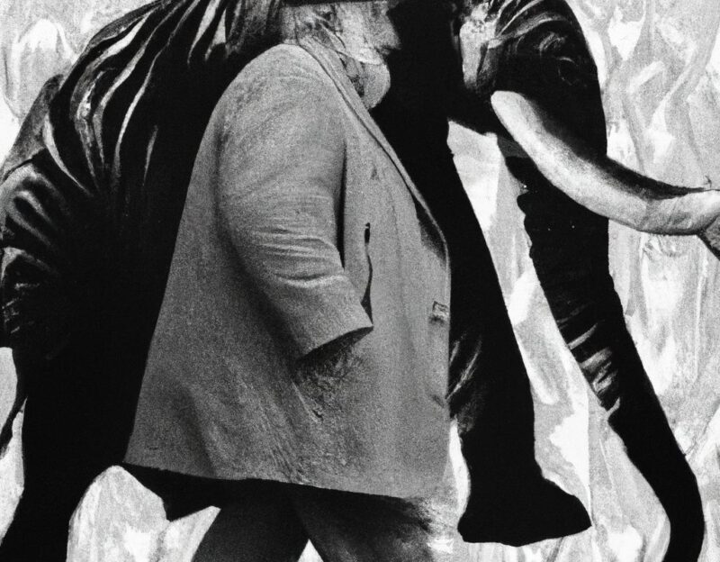 DALL·E 2023-11-01 16.52.04 - An old man wearing a coat that looks like a large elephant, graphic style looking like Max Ernst's black and white early collage