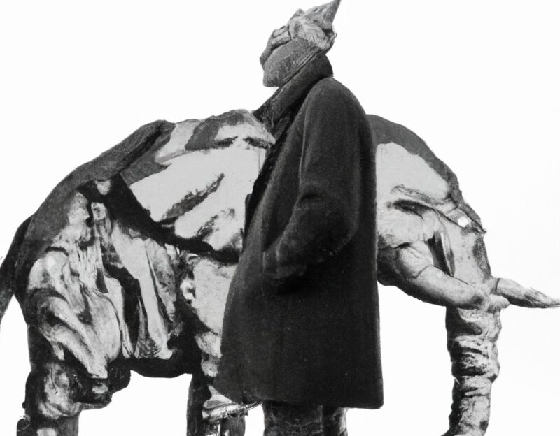 DALL·E 2023-11-01 16.52.24 - An old man wearing a coat that looks like a large elephant, graphic style looking like Max Ernst's black and white early collage