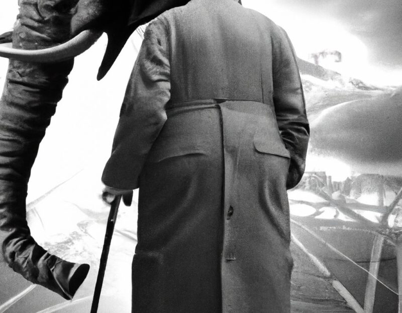DALL·E 2023-11-01 16.52.38 - An old man wearing a coat that looks like a large elephant, graphic style looking like Max Ernst's black and white early collage