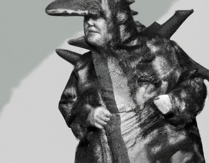 DALL·E 2023-11-01 16.53.12 - crazy, funny costume for an old man , Inflatable Dinosaur Coat, graphic style looking like Max Ernst's black and white early collage