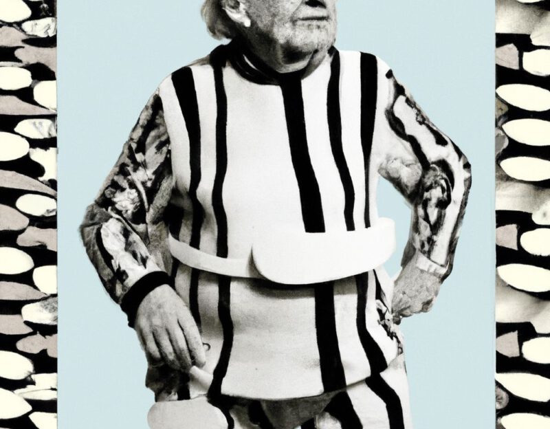 DALL·E 2023-11-01 16.53.26 - crazy, funny costume for an old man , Bacon Strip Coat, graphic style looking like Max Ernst's black and white early collage
