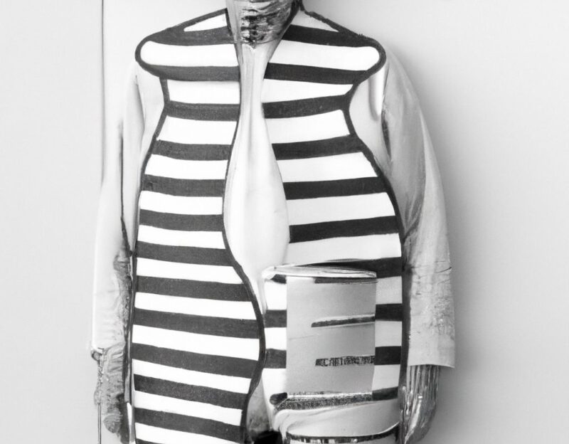 DALL·E 2023-11-01 16.53.37 - crazy, funny costume for an old man , Bacon Strip Coat, graphic style looking like Max Ernst's black and white early collage