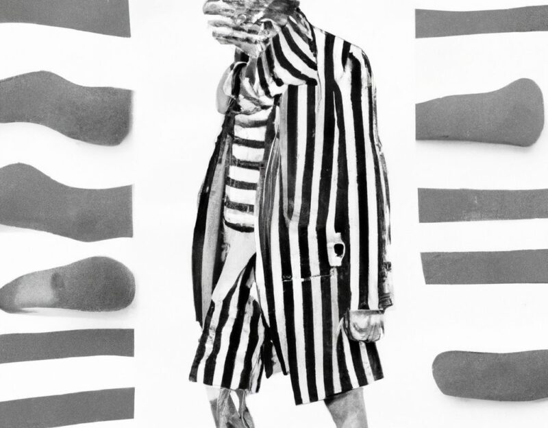 DALL·E 2023-11-01 16.53.47 - crazy, funny costume for an old man , Bacon Strip Coat, graphic style looking like Max Ernst's black and white early collage