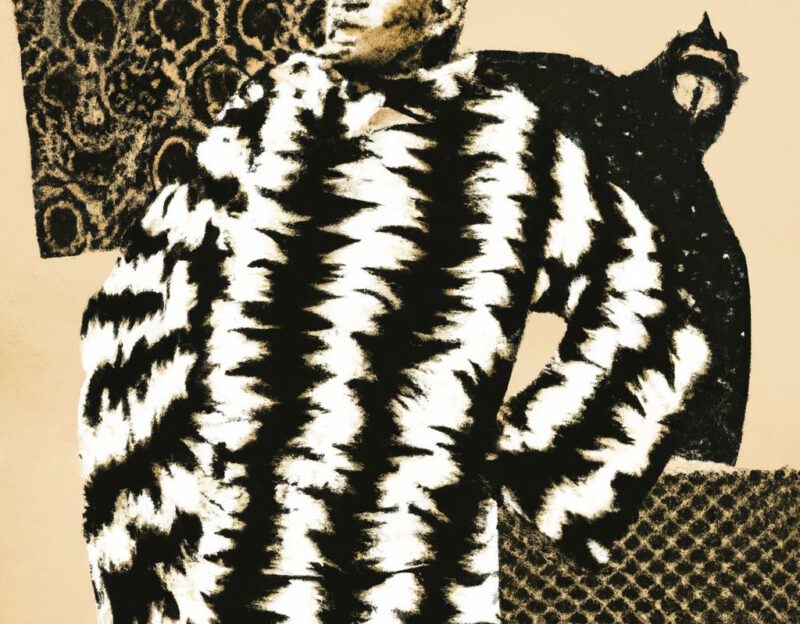 DALL·E 2023-11-01 16.54.46 - crazy, funny costume for an old man , King Kong Coat, graphic style looking like Max Ernst's black and white early collage