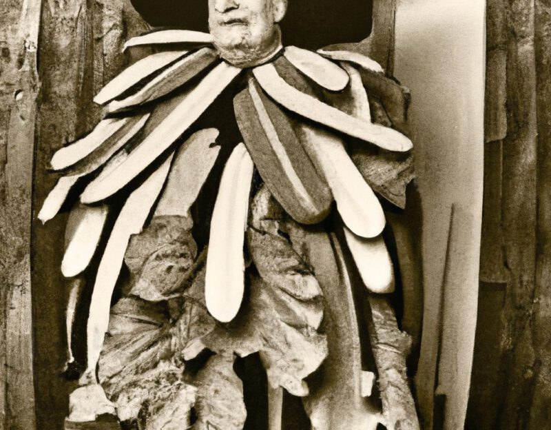 DALL·E 2023-11-01 16.54.55 - crazy, funny costume for an old man , Giant Vegetable Coat, graphic style looking like Max Ernst's black and white early collages