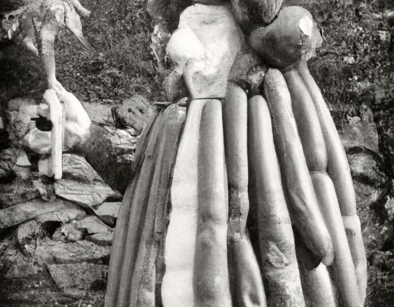 DALL·E 2023-11-01 16.55.11 - crazy, funny costume for an old man , Giant Vegetable Coat, graphic style looking like Max Ernst's black and white early collages