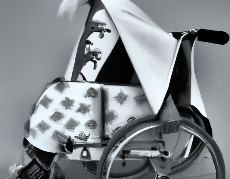 DALL·E 2023-11-01 16.58.25 - crazy, funny costume for an old man, wheel chair integrated into coat, graphic style looking like Max Ernst's black and white early collage