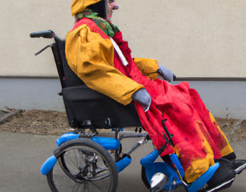 DALL·E 2023-11-01 16.58.55 - crazy, funny costume for an old man, wheel chair integrated into coat, like Vermeer painting