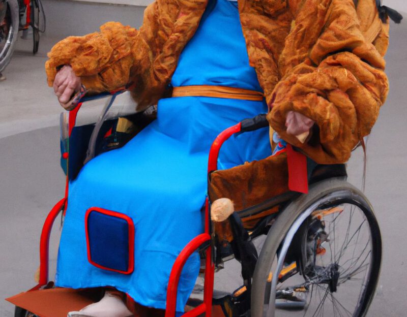 DALL·E 2023-11-01 16.59.05 - crazy, funny costume for an old man, wheel chair integrated into coat, like Vermeer painting