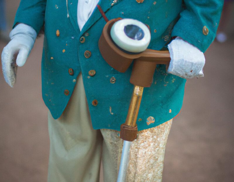 DALL·E 2023-11-01 17.00.26 - crazy, funny costume for an old man, Coat made of glasses, telescope, walking stick, hearing aid, graphic style looking like Robert Crumb