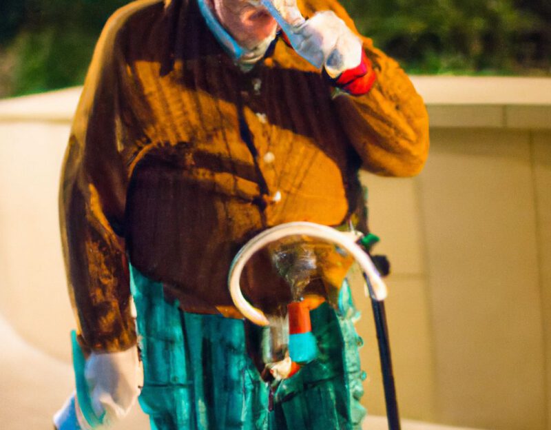 DALL·E 2023-11-01 17.00.48 - crazy, funny costume for an old man, Coat made of glasses, telescope, walking stick, hearing aid, graphic style looking like Robert Crumb