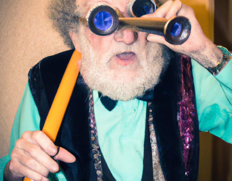 DALL·E 2023-11-01 17.00.59 - crazy, funny costume for an old man, Coat made of glasses, telescope, walking stick, hearing aid, graphic style looking like Robert Crumb