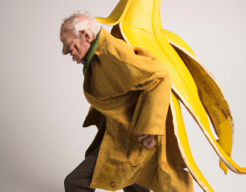 DALL·E 2023-11-01 17.01.40 - An old man wearing a coat that mimics a giant banana peel