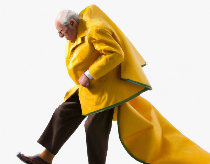 DALL·E 2023-11-01 17.01.51 - An old man wearing a coat that mimics a giant banana peel