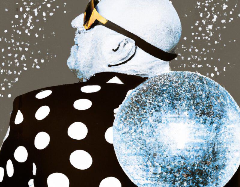 DALL·E 2023-11-01 17.02.15 - Crazy, funny costume for an old man, Coat that mimics a Disco Ball , graphic style looking like Max Ernst's black and white early collage