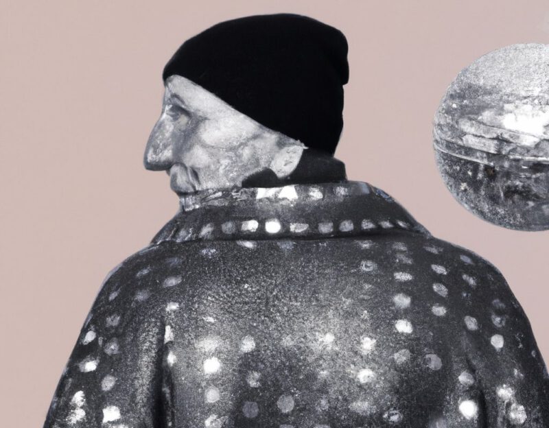 DALL·E 2023-11-01 17.02.24 - Crazy, funny costume for an old man, Coat that mimics a Disco Ball , graphic style looking like Max Ernst's black and white early collage