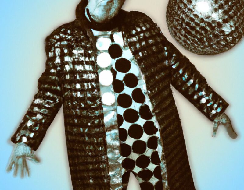DALL·E 2023-11-01 17.02.31 - Crazy, funny costume for an old man, Coat that mimics a Disco Ball , graphic style looking like Max Ernst's black and white early collage
