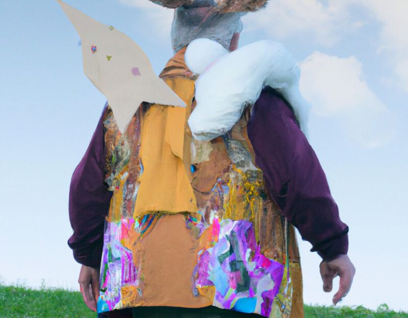 DALL·E 2023-11-01 17.04.33 - Crazy, funny costume for an old man, Coat that mimics a giant rabbit, graphic style looking like Max Ernst's collages