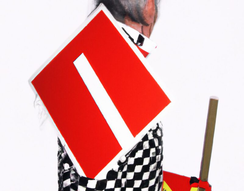 DALL·E 2023-11-01 17.05.13 - razy, funny costume for an old man, Coat that mimics a traffic sign, graphic style looking like Max Ernst's black and white early collage