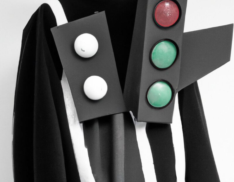 DALL·E 2023-11-01 17.05.26 - Crazy, funny costume for an old man, Coat that mimics a traffic light, graphic style looking like Max Ernst's black and white early collages, black an