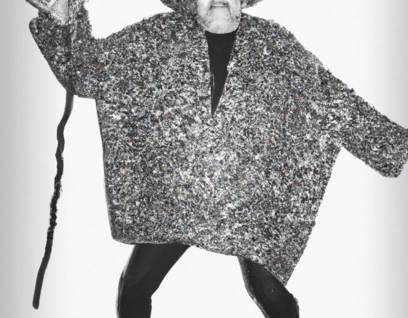 DALL·E 2023-11-01 17.05.42 - Crazy, funny costume for an old man, Coat that a big stone, graphic style looking like Max Ernst's black and white early collages, black and white