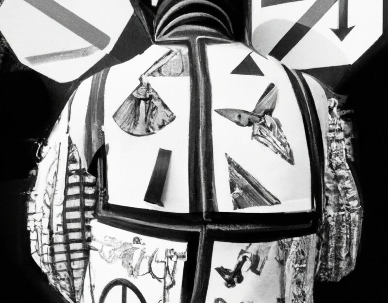 DALL·E 2023-11-01 17.06.14 - Crazy, funny costume for an old man, Coat that has many warning signs on it, graphic style looking like Max Ernst's black and white early collages