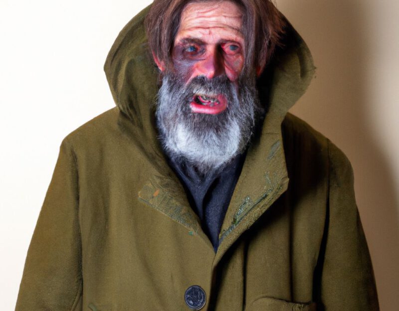DALL·E 2023-11-01 17.07.18 - show me a whole person, an old man with beard who is wearing a coat that mimiks a zombie monster, photographic