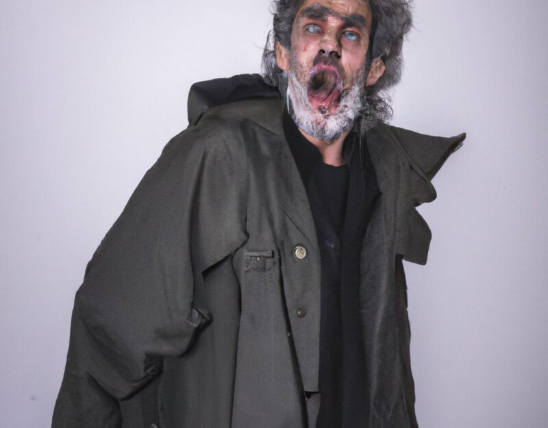 DALL·E 2023-11-01 17.07.27 - show me a whole person, an old man with beard who is wearing a coat that mimiks a zombie monster, photographic