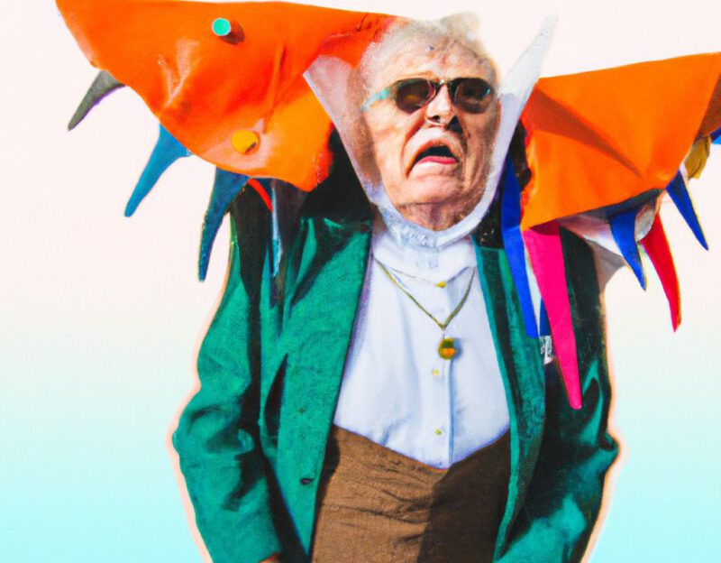 DALL·E 2023-11-01 17.12.45 - crazy, funny costume for an old man, A coat that transforms the wearer into a charismatic prophet. graphic style looking like Max Ernst's early collag