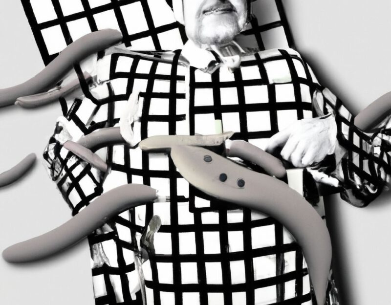 DALL·E 2023-11-01 17.14.30 - Crazy, funny costume for an old man, Coat that mimics a bacon, graphic style looking like Max Ernst's black and white early collage