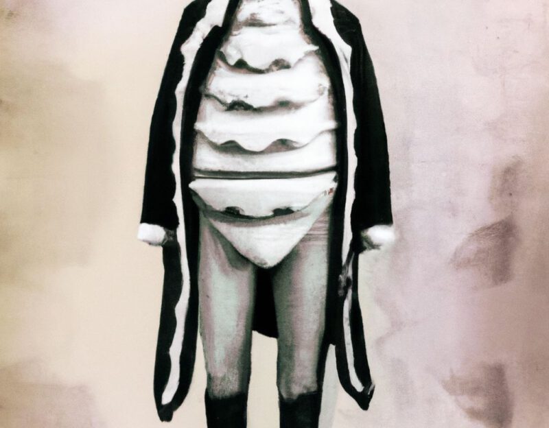DALL·E 2023-11-01 17.15.01 - Crazy, funny costume for an old man, Coat that mimics a bacon, graphic style looking like Max Ernst's black and white early collage