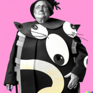 DALL·E 2023-11-01 17.16.00 – Crazy, funny costume for an old man, Coat that mimics a little lovely cat, graphic style looking like Max Ernst’s black and white early collage