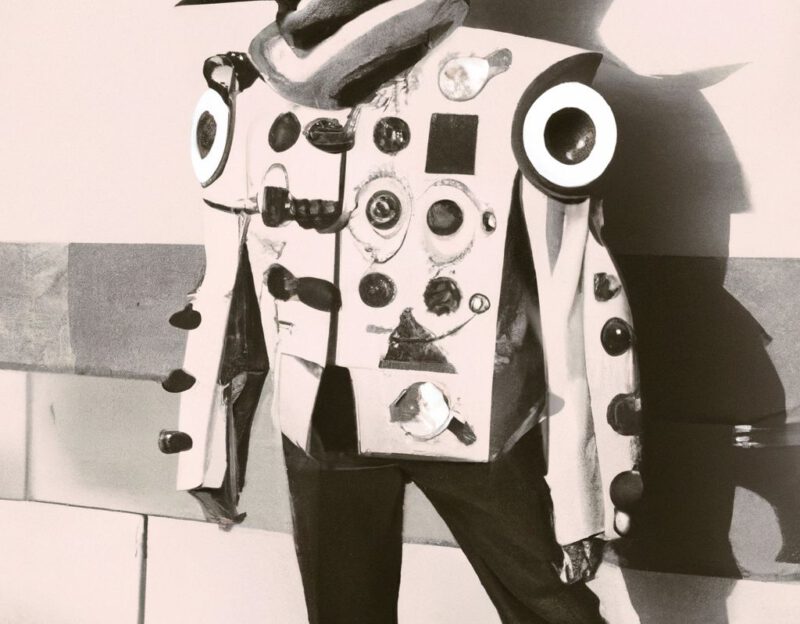 DALL·E 2023-11-01 17.16.28 - Crazy, funny costume for an old man, Coat that mimics a machine, graphic style looking like Max Ernst's black and white early collage